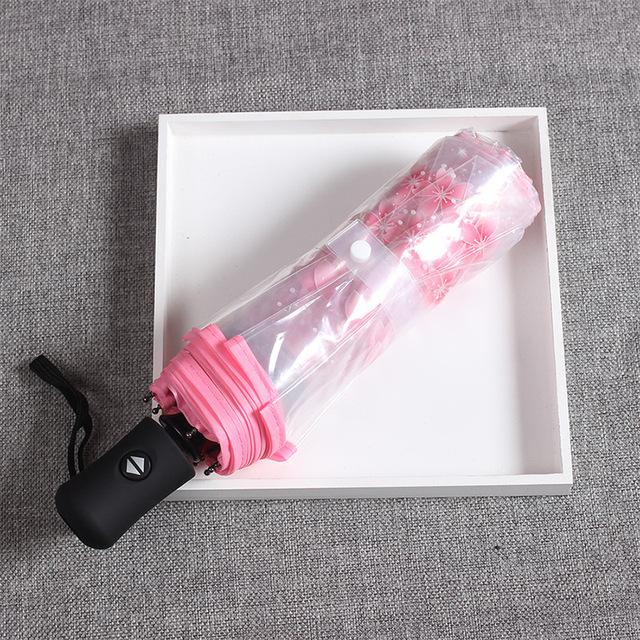 Paraguas plegable automático transparente con 8 varillas, paraguas de flores de cerezo, paraguas portátil para lluvia y sol, paraguas compacto para lluvia para mujer