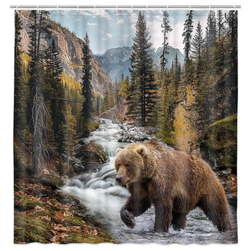 Rustic Bear Shower Curtain Country Wild Animals Forest Plank Background Mountain Woodland Nature Retro Bathroom Decor Gift