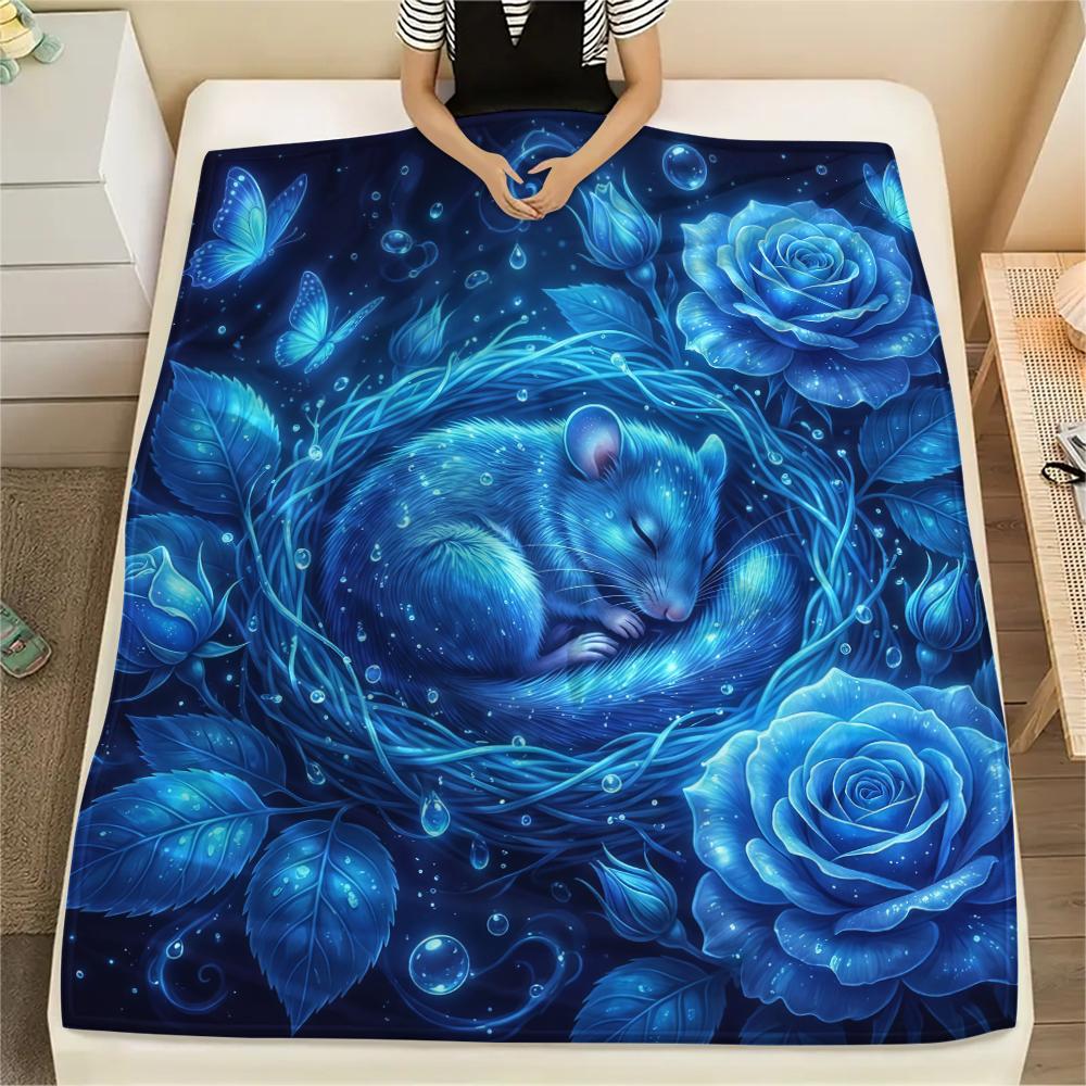 Blue Rose Animal Print Flannel Blanket,High quality Comfortable for All Seasons,Home Decor,Warmth and Comfort,Perfect for Christmas Gifts