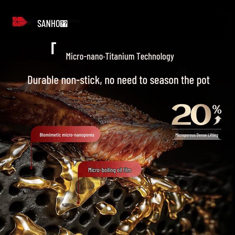Sanhe 32cm 0-Coating 304 Titanium Stainless Steel Non-stick Induction Wok