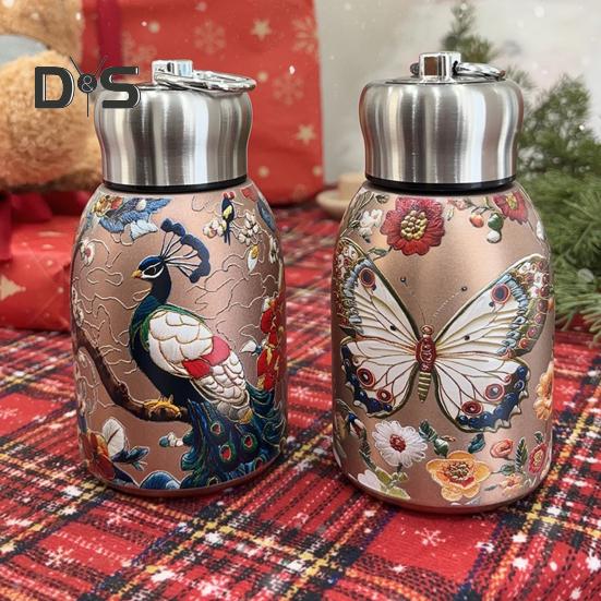 Vakuová termoska s motivem páva, nerezová, vintage květinová, 300 ml, dvoustěnná izolace, skleněná čajová konvice s víčkem proti úniku