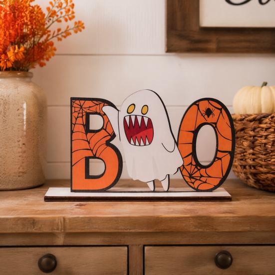 Halloween Home Festive Decor Wooden Table Sign, Cute Pumpkin Boo Ghost Solid Wood Sign Tabletop Centerpiece for Indoor Mantel Fireplace Smooth Holiday