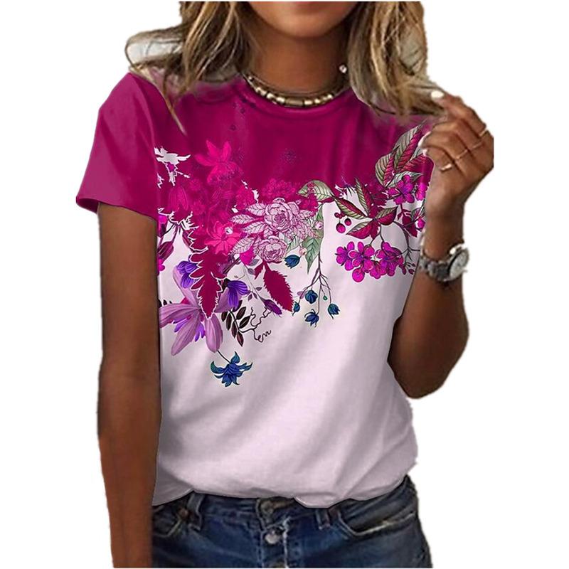 Fashion Art Flower Pattern T-shirt Women's Summer Casual Pattern T-shirt Women's Casual Elegant Short Sleeve O-neck T-shirt Top