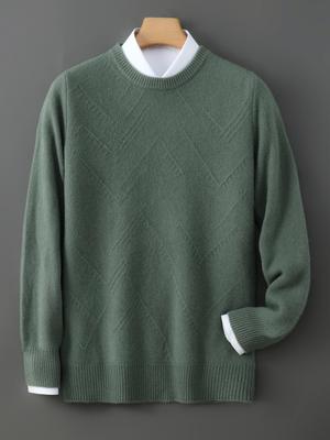 Men's Diamond Jacquard Pure Wool Pullover - Thick, Soft, and Smooth Round Neck Sweater for Autumn/Winter 2025.