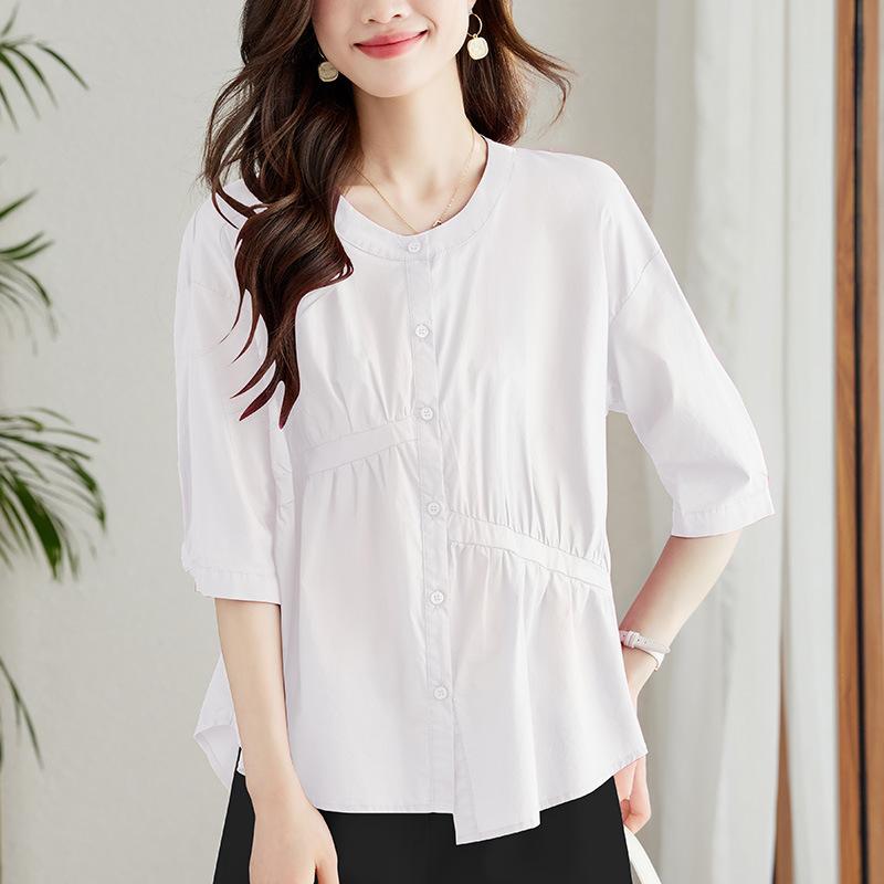 New Summer Pure Cotton Shirt Asymmetric Commuter Pleated White Shirt Women's Quarter-sleeved Top