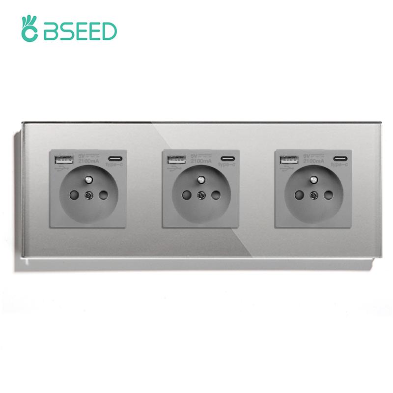 BSEED Single French Wall Socket Double Power Sockets Triple Electric Sockets With Type-c Double USB Charing Ports  Glass Frame