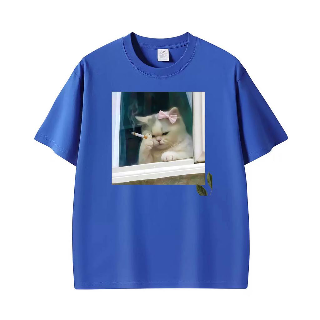 Funny Ironic Stressed Cat Meme Coquette Persian Smoking Humor Tshirt Unisex Unisex Fashion Short Sleeve High Quality Cotton T Shirt