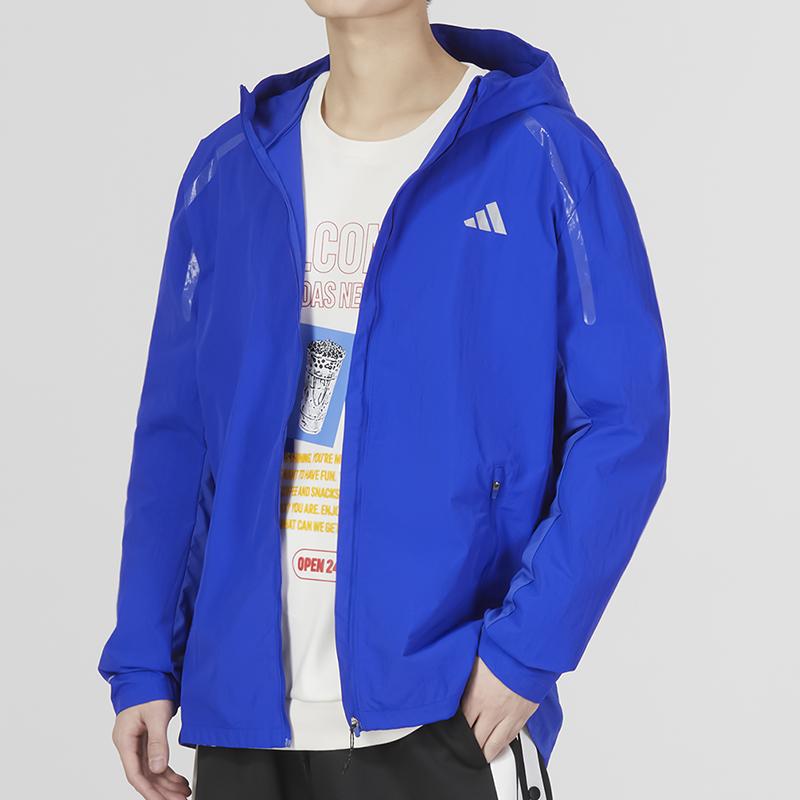 Adidas Marathon Logo Print Sports Casual Hooded Jacket Men Jacket Blue IB8266