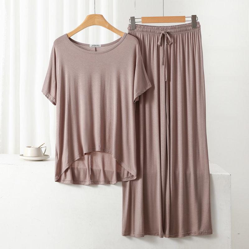 Damen Übergröße Freizeit-Pyjama-Set: Modal Rundhals Kurzarm Oberteil & Weitbeinige Hose