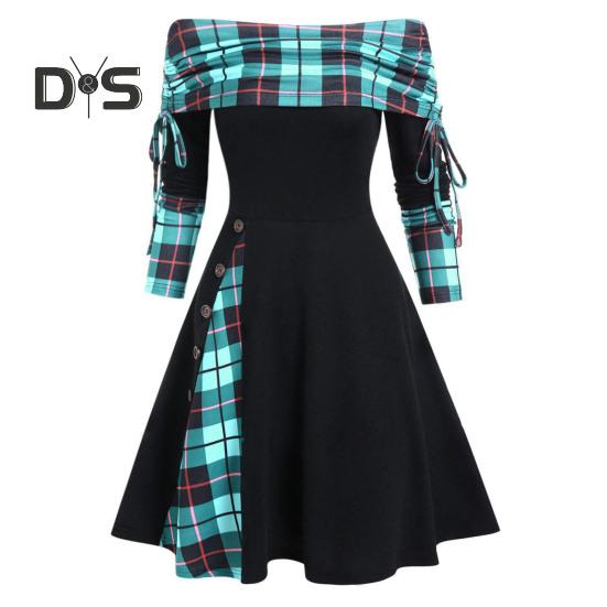 

Женское платье миди осень-зима А-силуэта с открытыми плечами и длинным рукавом в клетку с принтом и пуговицами, декорированное на рождественскую вечеринку XL светло-зеленый