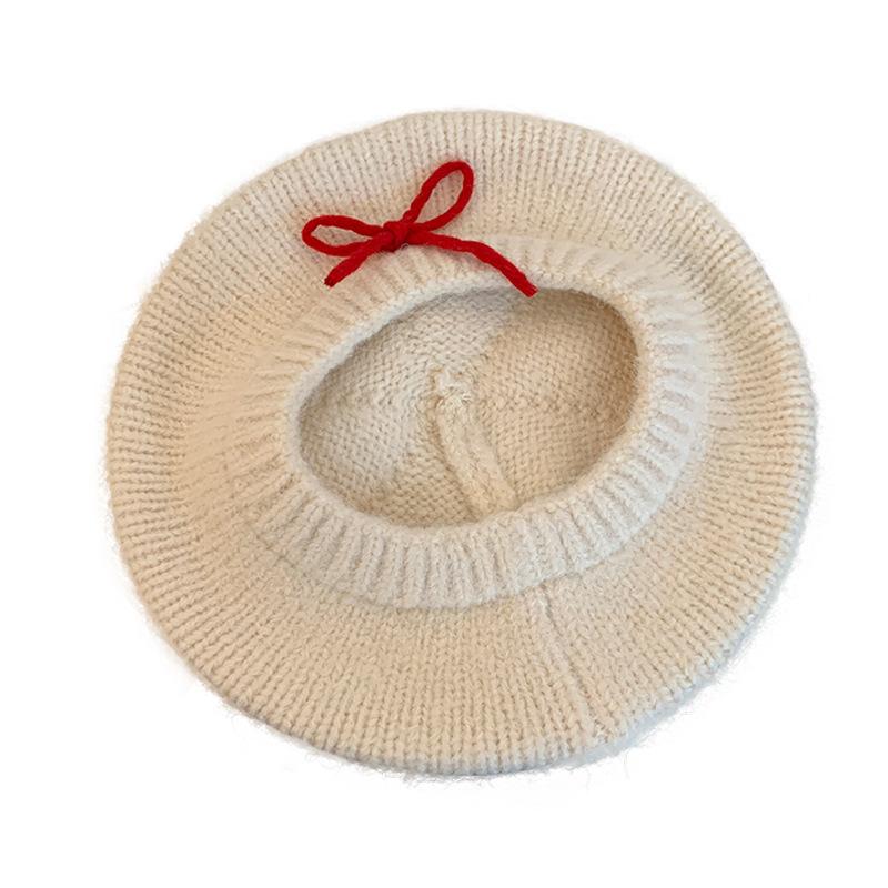 Bow knitted beret women's autumn and winter cold and warm wool hat big head circumference showing face small painter hat