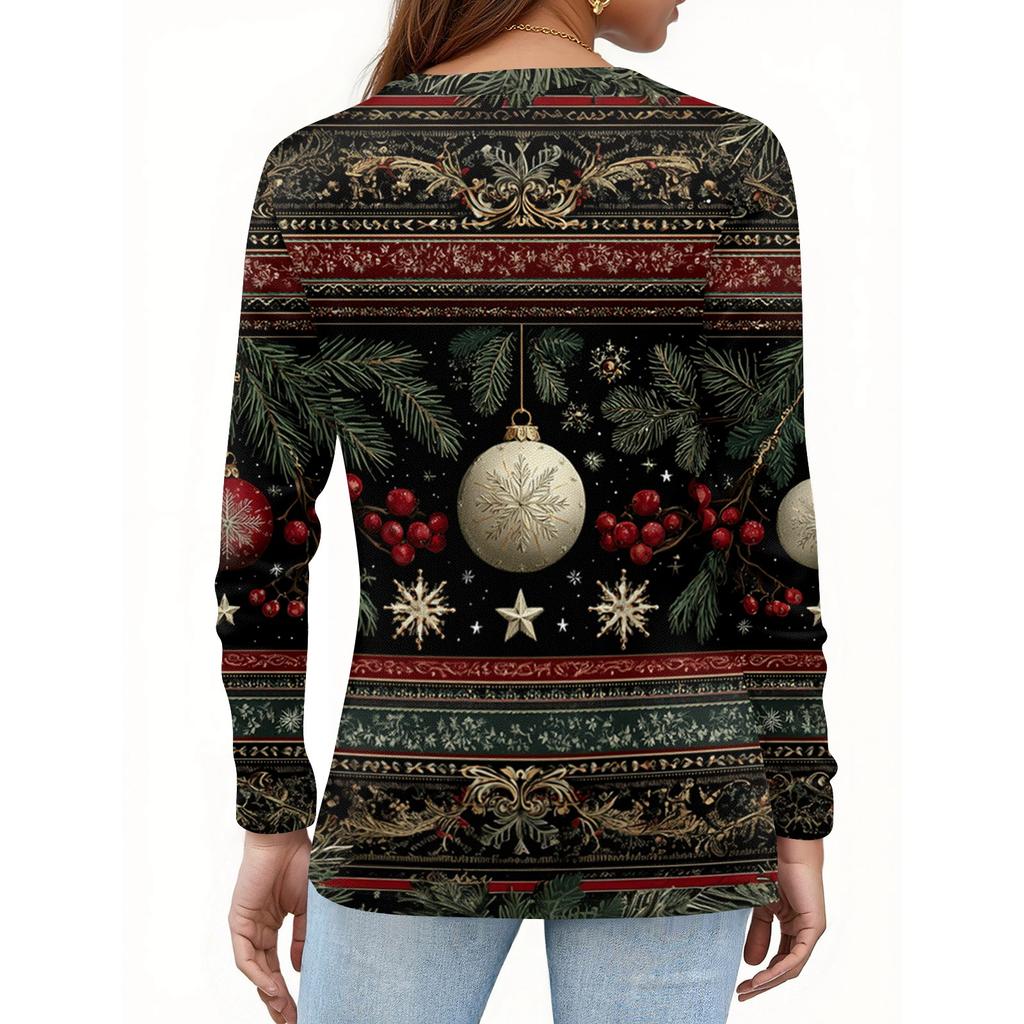 Women's Fashion Casual H Printed V-Neck Long Sleeve Decorative Button T-Shirt Tops