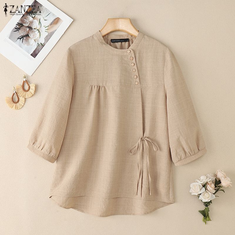 ZANZEA Women Summer Casual Round Neck Half Sleeve Side Lace-up Irregular Blouse