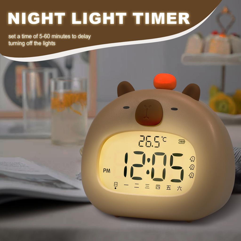 1Pc Cute Capybara Alarm Clock Bedside LED Clocks with Dimming Night Light 3 Workday Alarm Mode Rechargeable Alarm Clock for Kids