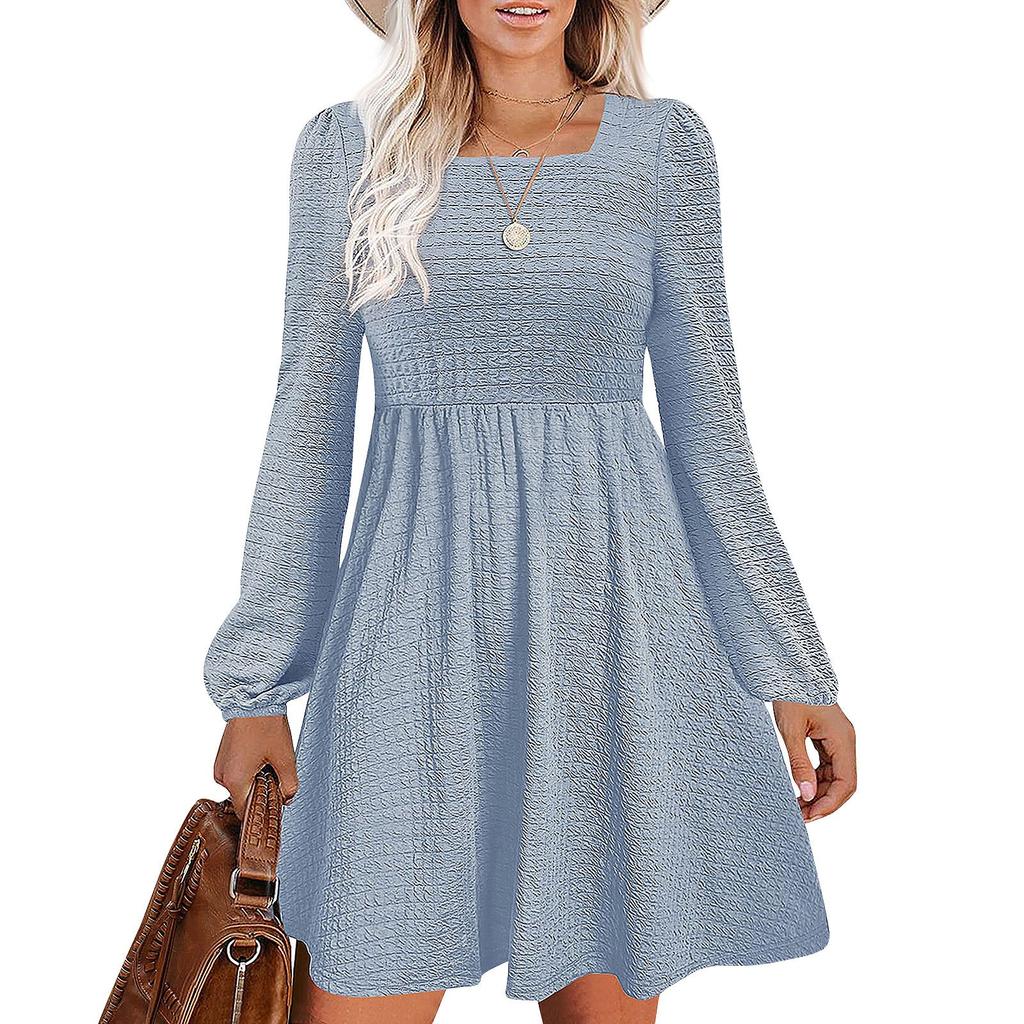 Womens Puff Long Sleeve High Waist  Casual Knit Crewneck Knee Length Dresses