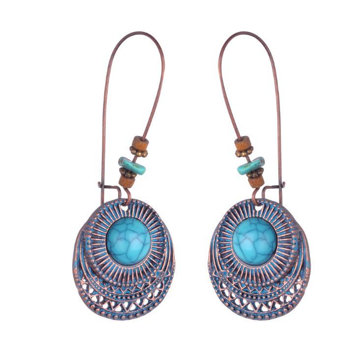 Retro Long Round Turquoise Alloy Earrings for Women - European  American Style