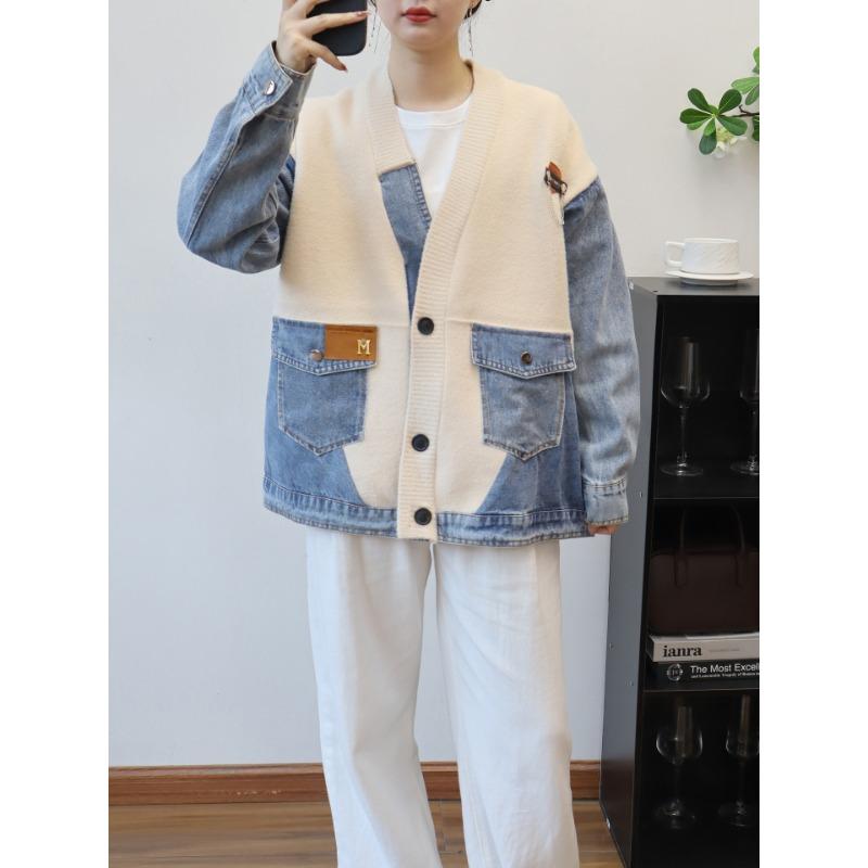 Splicing denim knitted double-sided woolen cardigan autumn and winter new loose design sweater jacket women