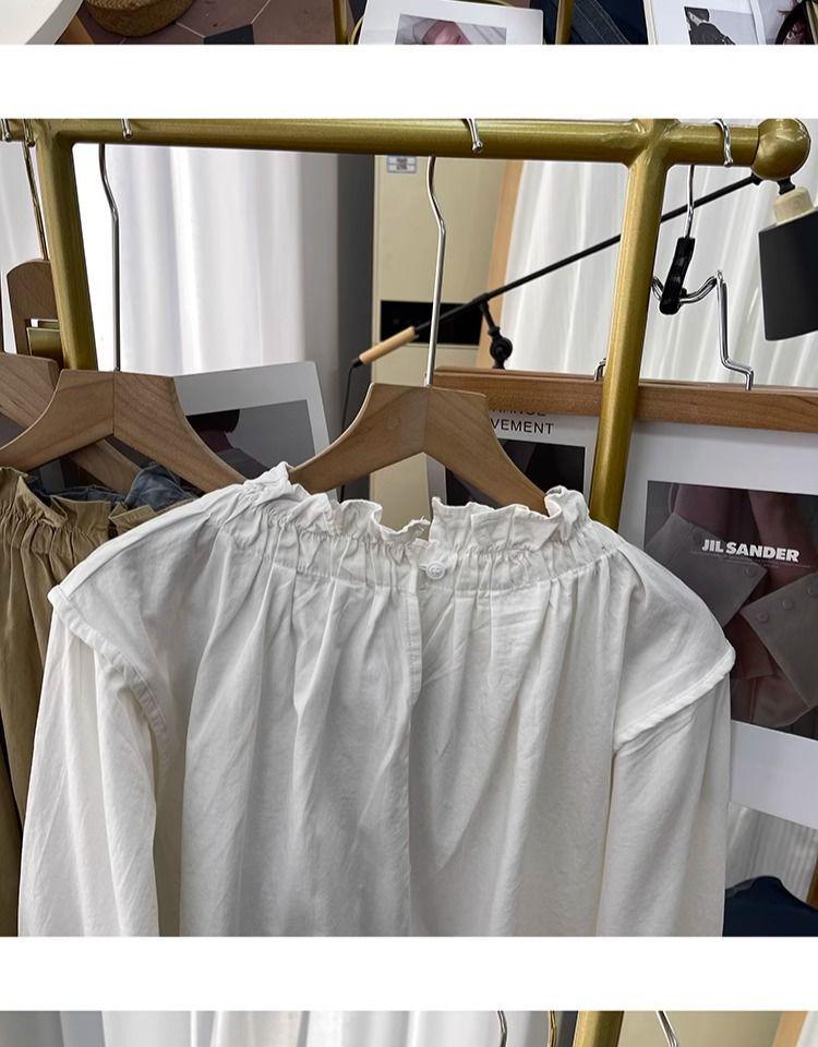 Women's Retro Cotton & Linen Lantern Sleeve Pullover with Lotus Leaf Collar