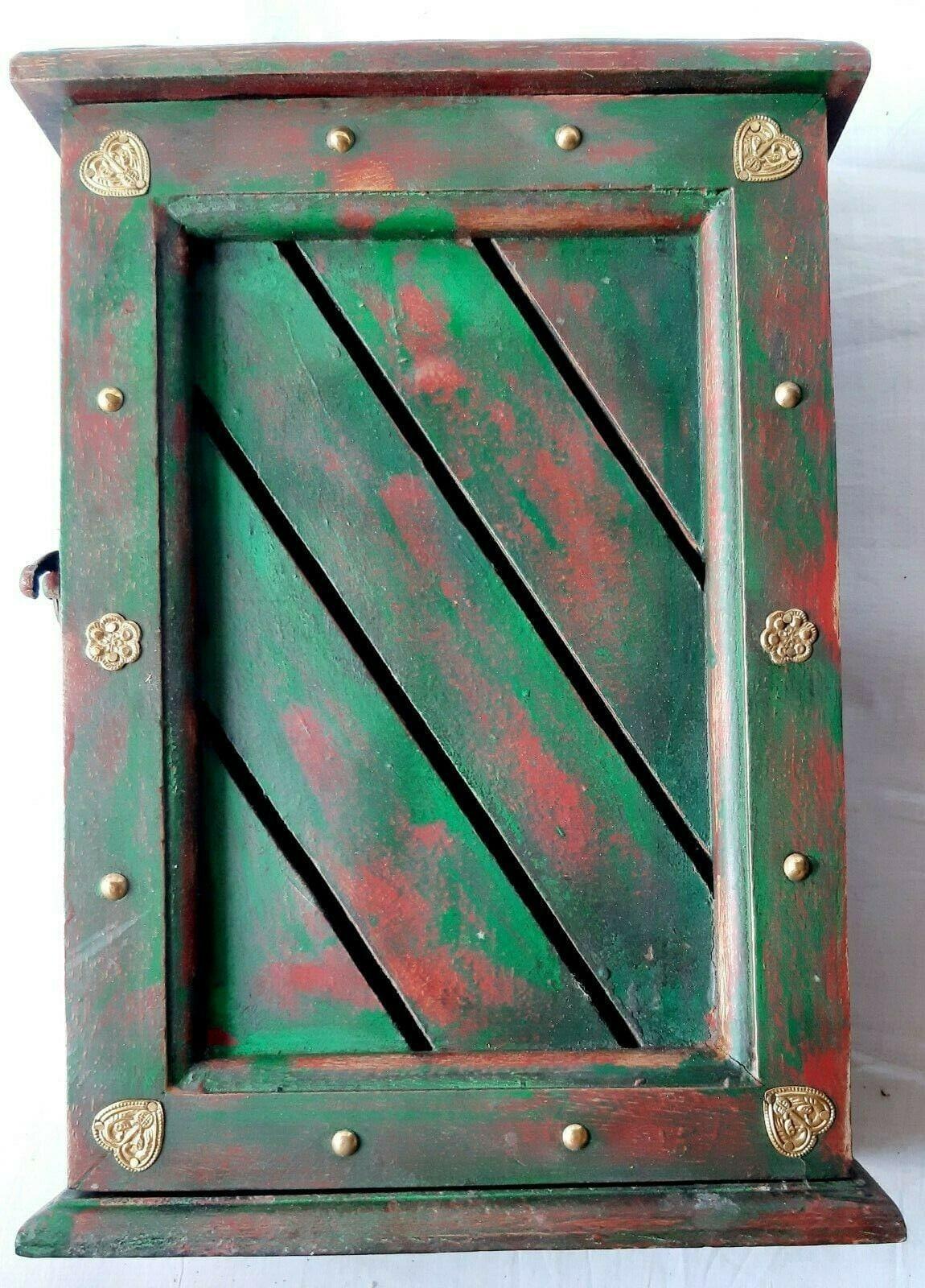 

Vintage Hand-Painted Wooden Key Holder Box: Green Indian Decor 16” X 8” X 24” (l x w x h) разноцветный