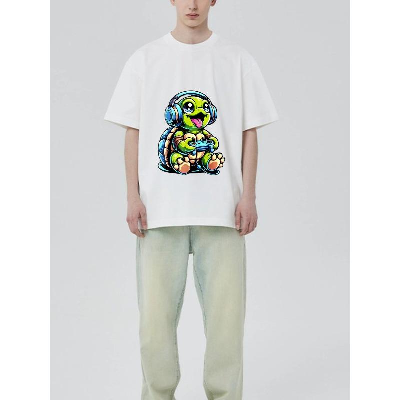 Crewneck T Shirt Black Turtle Gamer with Headphones and Controller Print for Casual Wear and Gaming Events