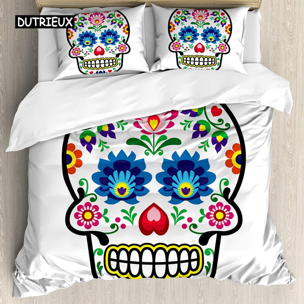 Sugar Skull Duvet Cover Set,Sugar Killer Calaveras Framework Day of The Dead Vintage Gothic Design Print,Skull Bedding Set