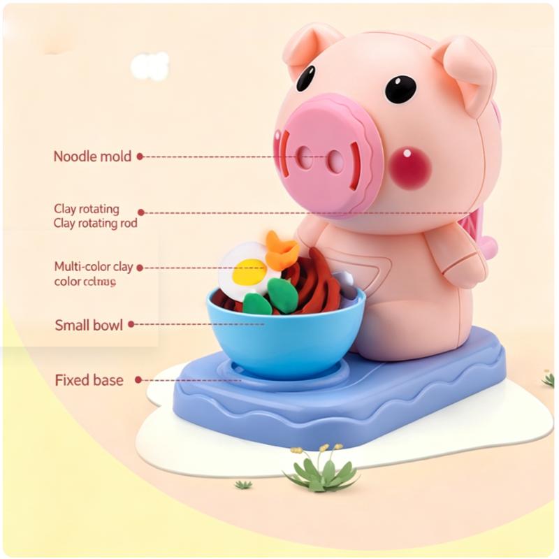 DIY Play Dough Set, Pig Noodle & Cow Ice Cream Maker Kit, Kids Pretend Play Clay Tableware Toy