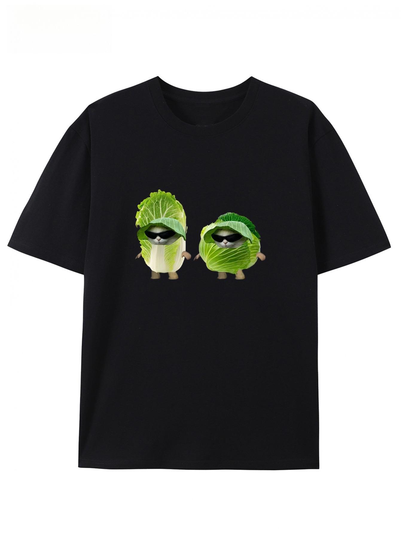 

Fashion Playful Cool Cabbage Cat with Sunglasses Print TShirt Casual All Match Short Sleeve Top for Unisex and Women Korean Balck S