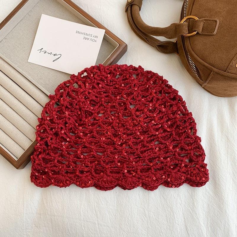 Japanese Hollow Sequins Handmade Knitted Pullover Hat Women'S Spring And Summer Travel Photo Atmosphere Fashion Bag Head Hat