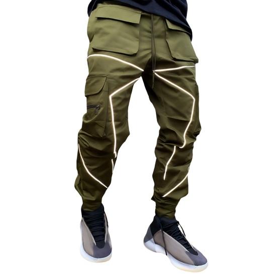 Men Cargo Pants Ankle-banded Reflective Patchwork Multi Pockets Loose Casual Straight Leg Trousers