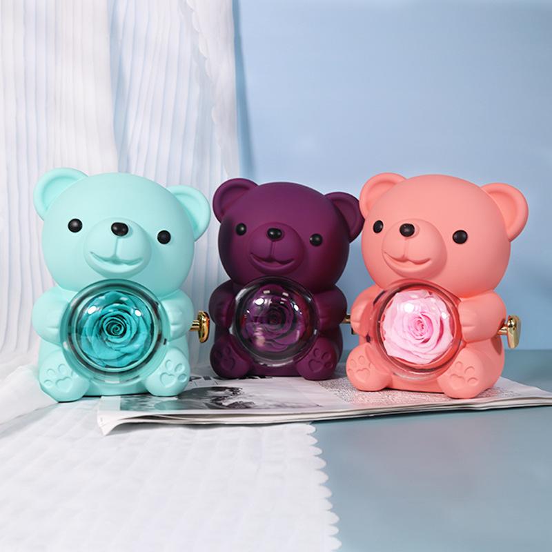 Eternal Rose Teddy Bear Necklace Ring Gifts Box Rotate Rose Jewelry Box Valentine Wedding Storage Gift Case for Women Girlfriend