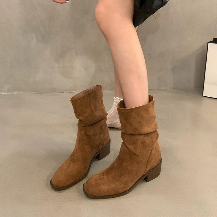 Inner height increase 7cm thick heel retro pleated suede Martin boots 2025 new small man pile small short boots women