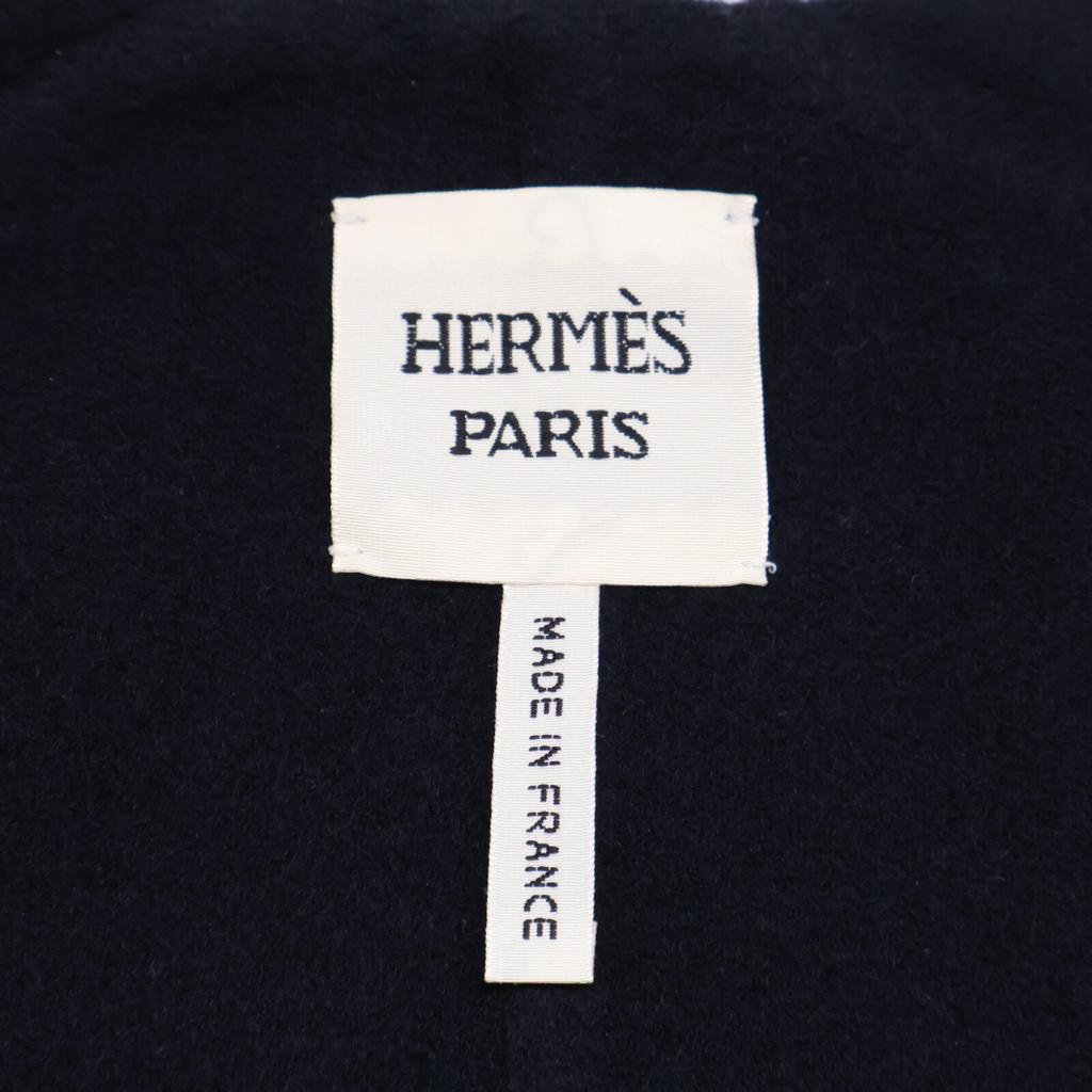 HERMES Beautiful item, genuine Japanese made, 16AW cashmere x lamb leather, serie button collarless jacket coat 34 Dark navy x blackUsed