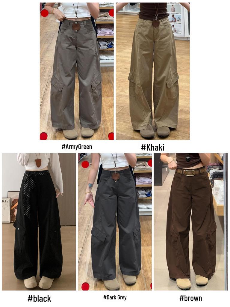 Women's Army Green High-Waisted Wide-Leg Cargo Pants - Petite, Loose-Fit, Slimming, Casual Spring 2026 Style