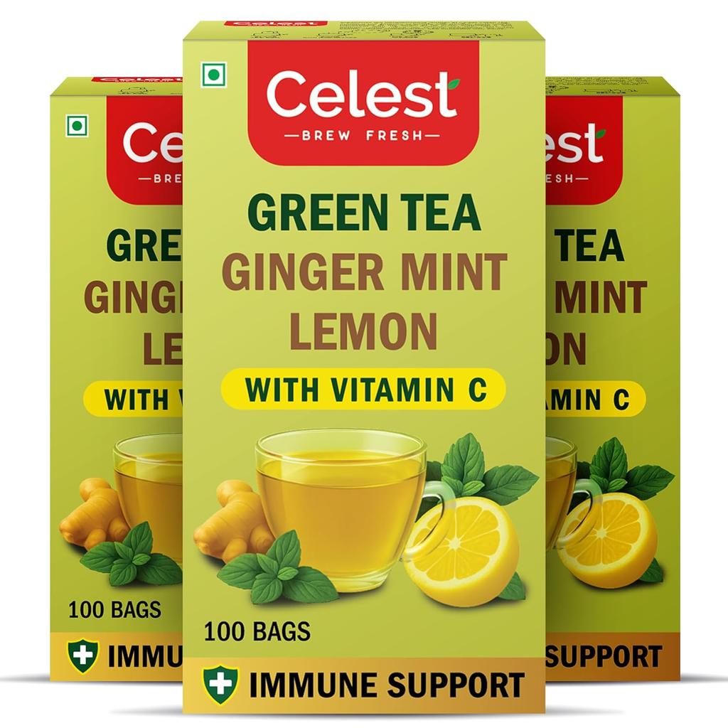 Celest Grüner Tee Minze Zitrone Ingwer mit Vitamin C 100 Teebeutel X 3er Packung Erfrischendes Gesundes Getränk