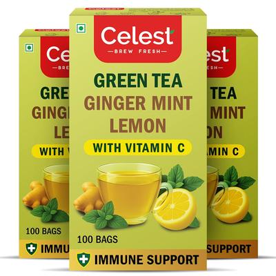 Thé Vert Menthe Citron Gingembre Celest avec Vitamine C 100 Sachets de Thé X Paquet de 3 Boisson Rafraîchissante Saine