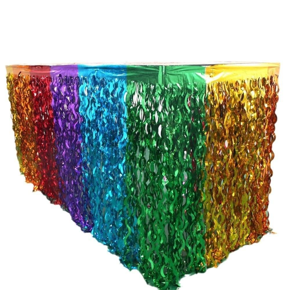 Rainbow Gradient Foil Fringe Table Skirt Wavy Design Table Decor Ornament Birthday Party