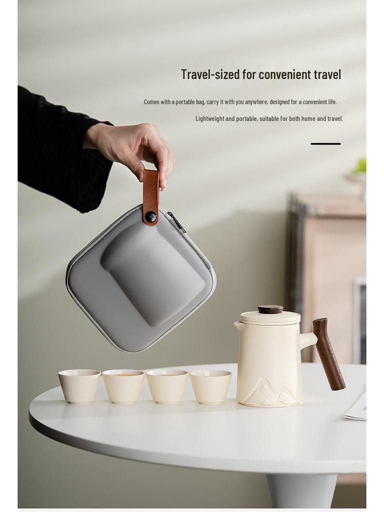 Embossed Mountain Travel Tea Set: Portable Quick-Brew Pot with Four Cups