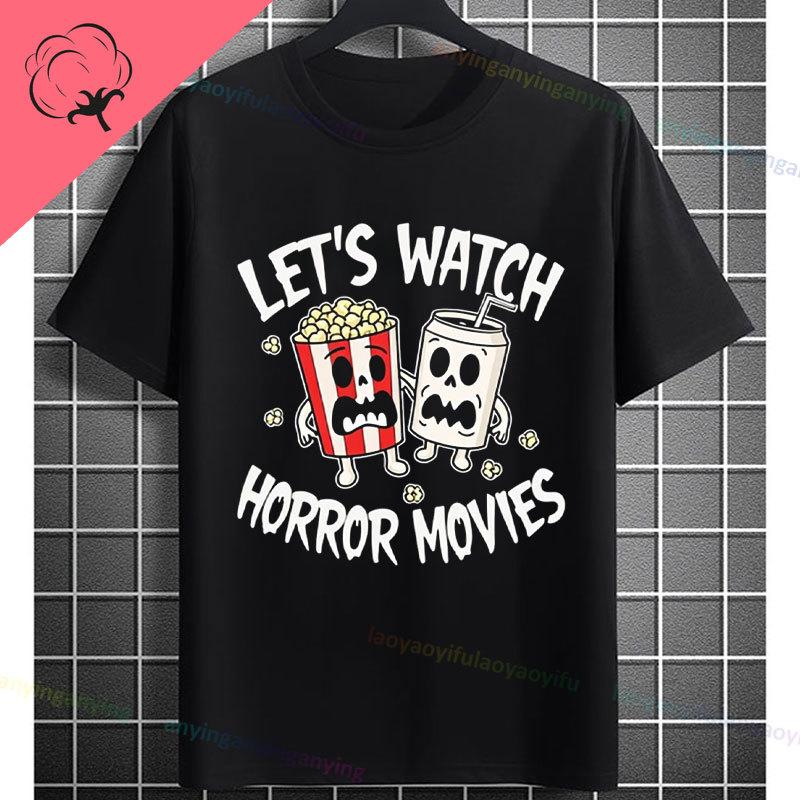 Retro Lets Watch Horror Movies Design Halloween Movie Lovers Graphic Tshirt Short Sleeve 100cotton Originality Casual Tshirt