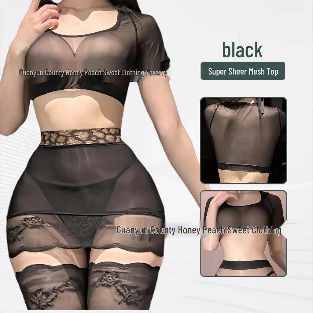 Seductive Sheer Hip-Hugging Miniskirt with Lace Trim and Over-the-Knee Black Stockings