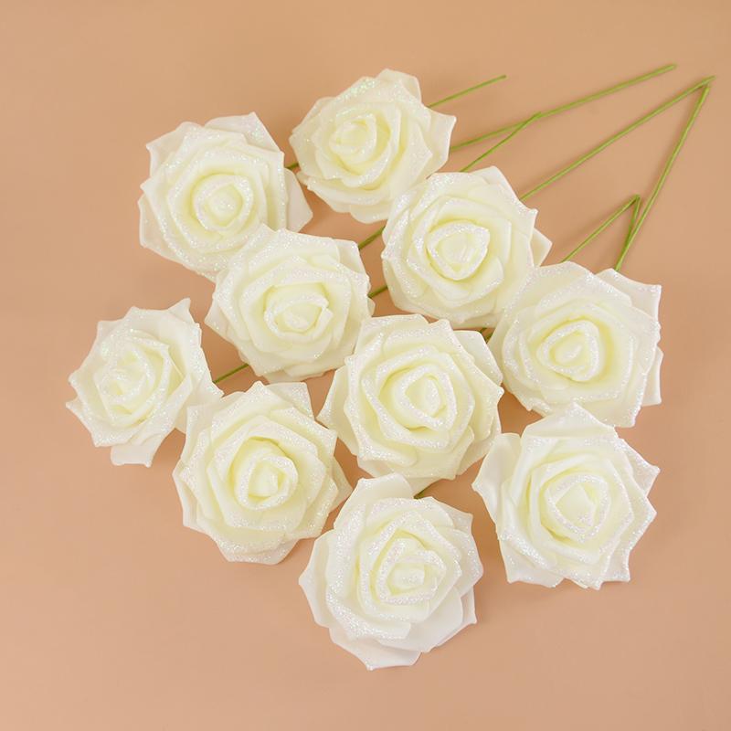 10/20Pcs Artificial Rose Flowers with Stem Foam Glitter Fake Flower Bouquet Wedding Party Centerpieces Home Garden Decoration
