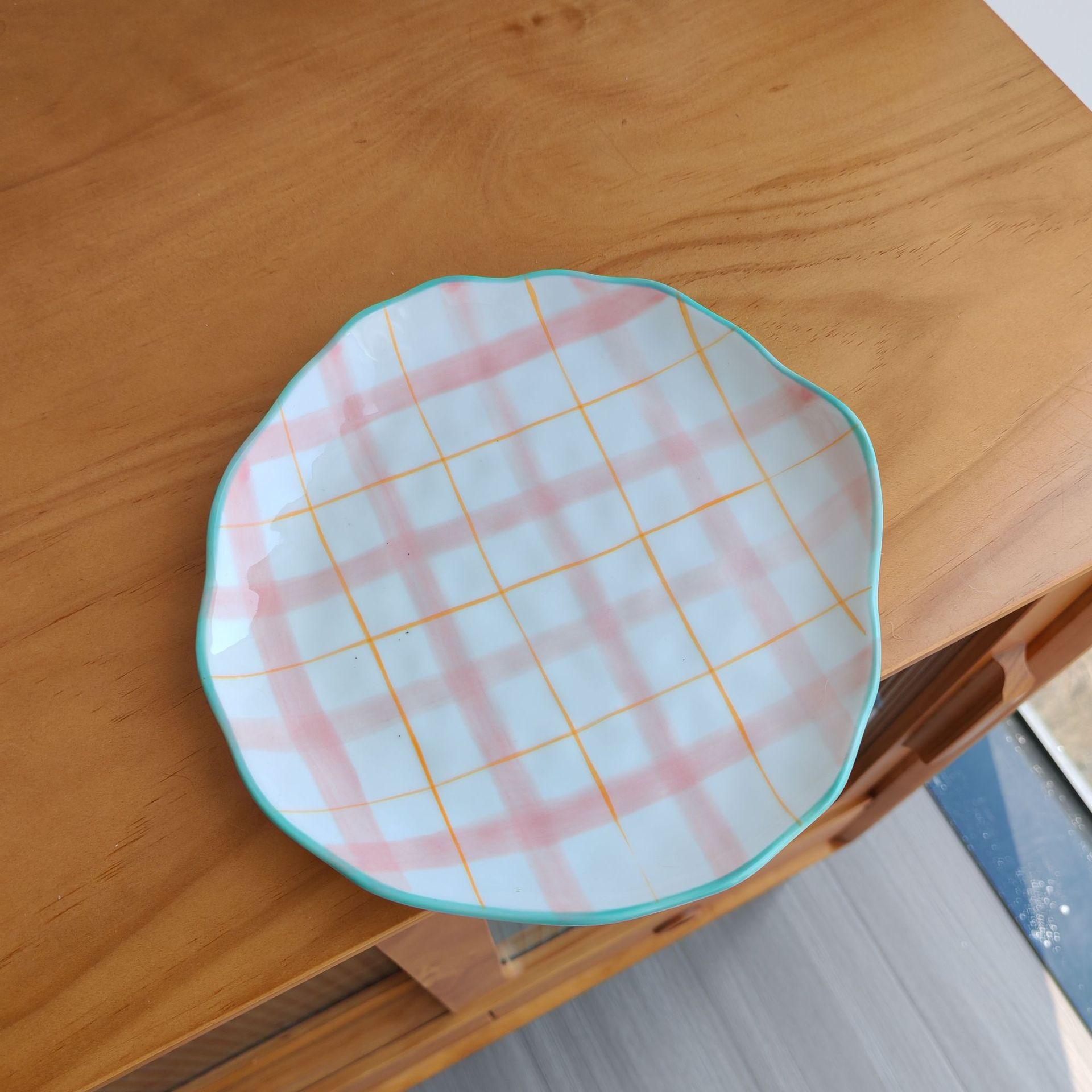 Ins style irregular floral ceramic plate handcrafted Korean underglaze dessert dish 19cm