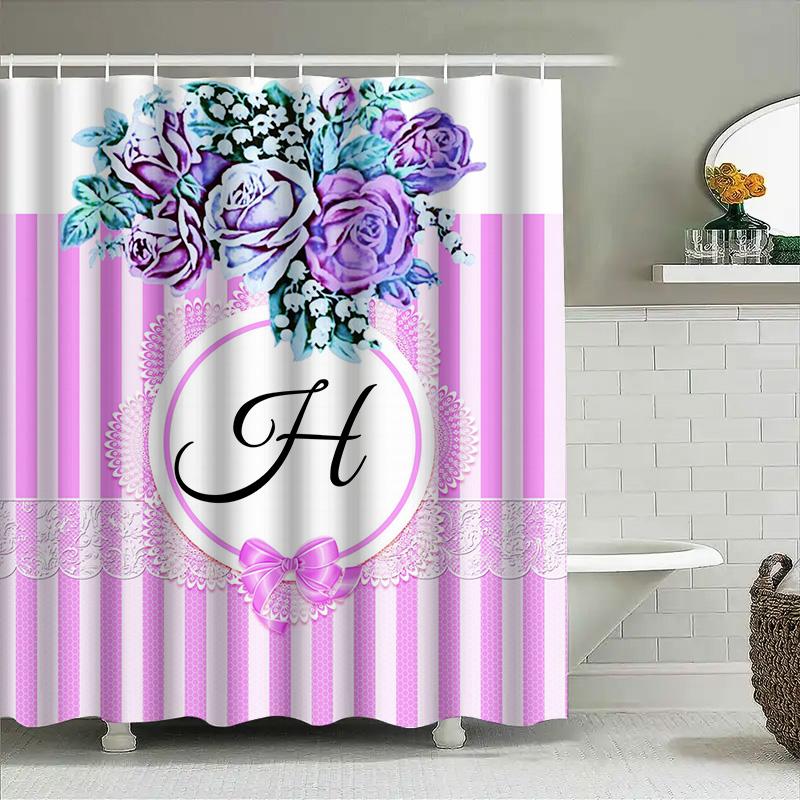 Vintage Floral Design Pink Striped Shower Curtain With Letter H For Bathroom Decor Customizable Size Available
