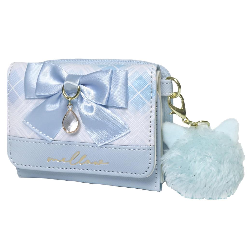 Wallet Mini Wallet LB Girls Elementary School Student Cat Ribbon Check [anilet+] Tri-Fold (Light Blue)