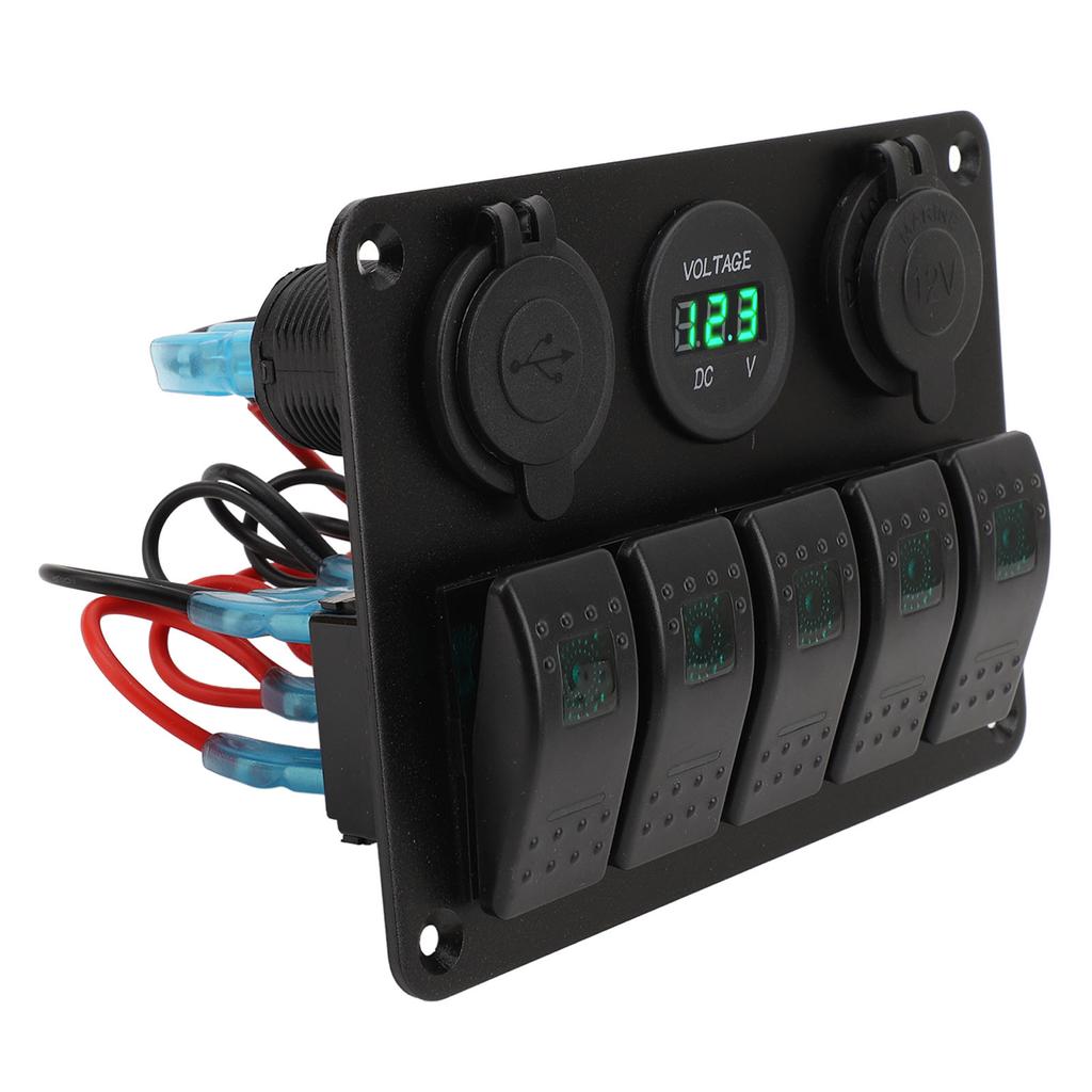 Switch Panel DC 12 to 24V 5 Gang Aluminum Alloy IP65 Water Resistant Prewired Rocker Switch Panel with Dual USB Cigar