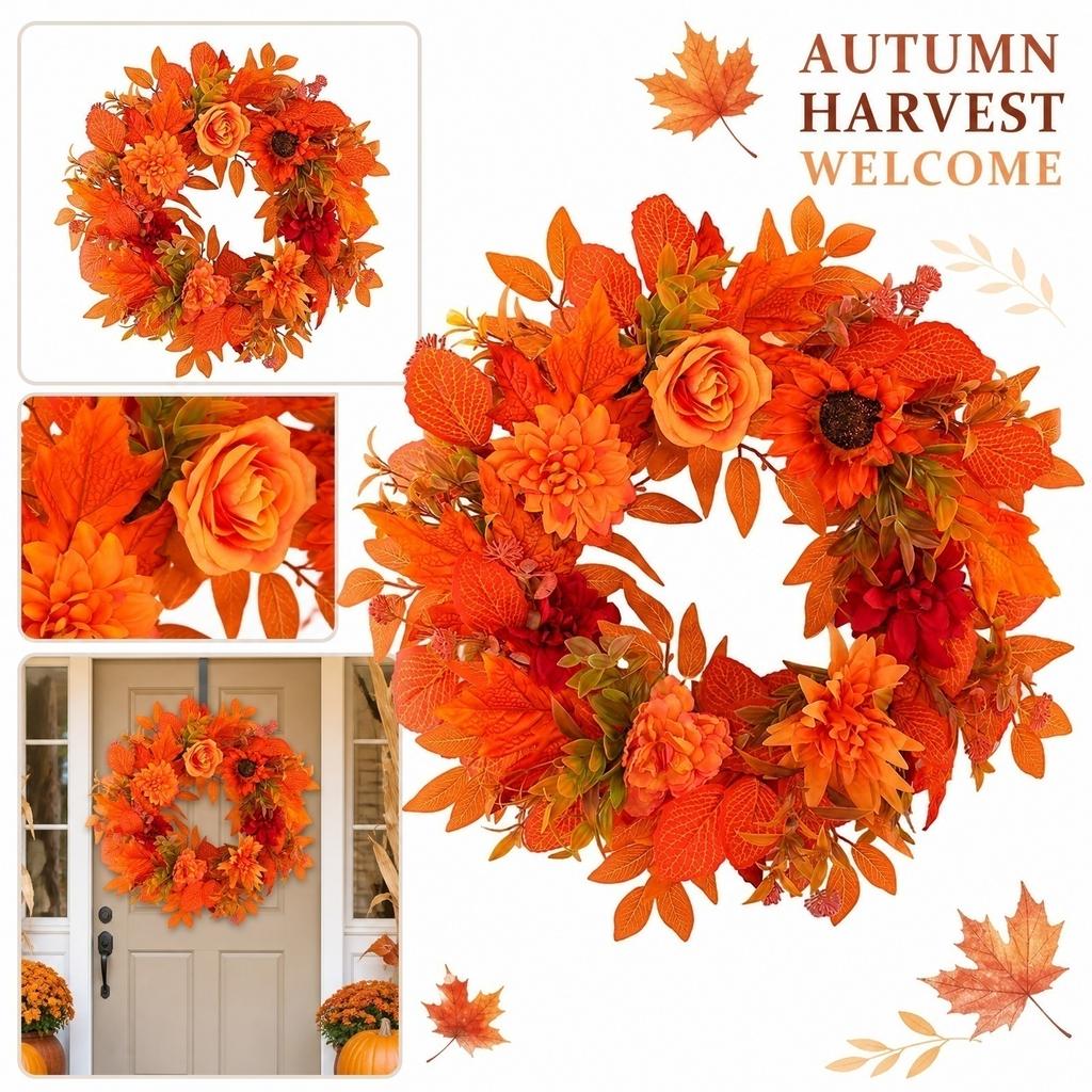 50cm Harvest Thanksgiving Door Wreath with Artificial Maple Leaves and Mixed Floral Accents for Seasonal Home Decoration Indoor Outdoor Use