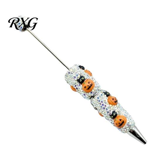Sparkly Rhinestone Pen Beadable Pen, Glitter Plastic Beaded Halloween Pumpkin Ghost Skull Office Supplies Gel Ink for DIY Craft Making, School Set