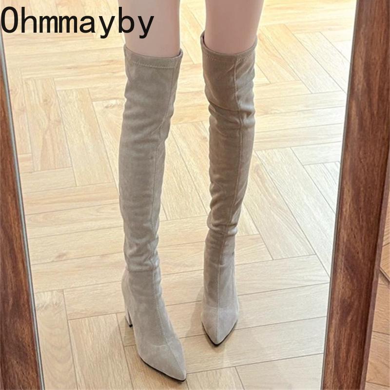 Winter Fashion Stretch Fabric Women Over The Knee Sock Boots Street Style Thick Heel Party Stripper Female Silm Long Booties