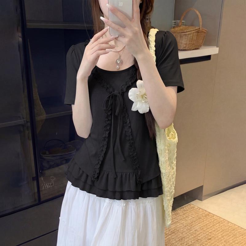 

Women s Plus Size Ruffle Trim Two-Piece Look Short-Sleeve T-Shirt - Slimming and Flaw-Covering for Summer 2026 XL чорний