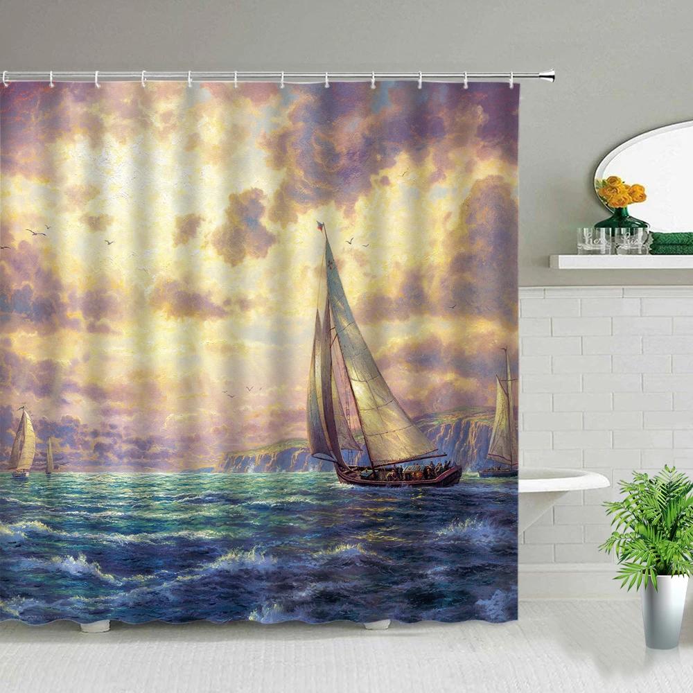 Sailboat Ocean Scenery Bathroom Shower Curtains Oil Painting Landscape Waterproof Bath Curtain Bathtub Decor Cloth Set With Hook