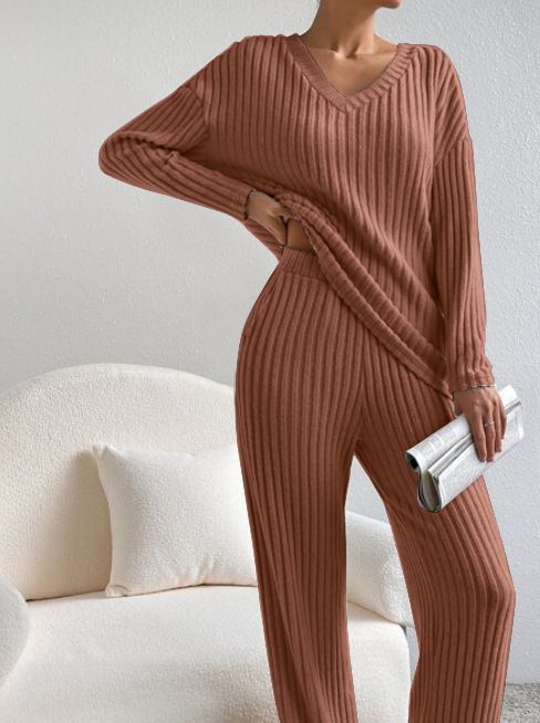 

Women Ribbed Knit Two Piece Set V Neck Long Sleeve Top and High Waist Pants Casual Slim Fit Lounge Wear Outfit M коричневый
